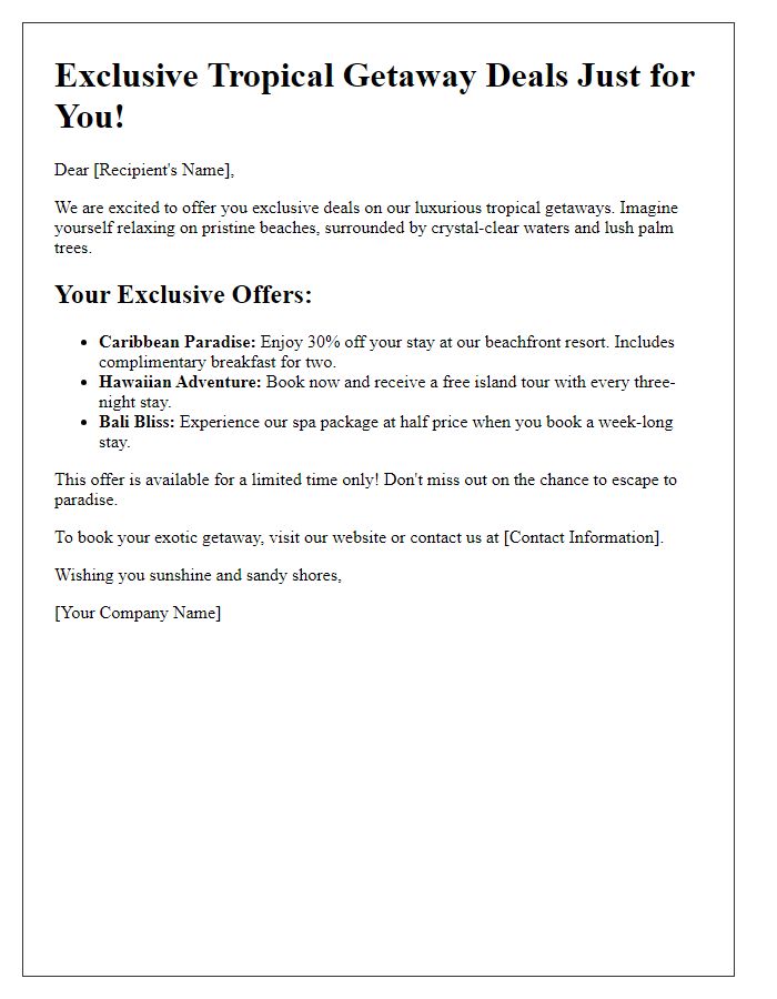 Letter template of exclusive deals on tropical getaways