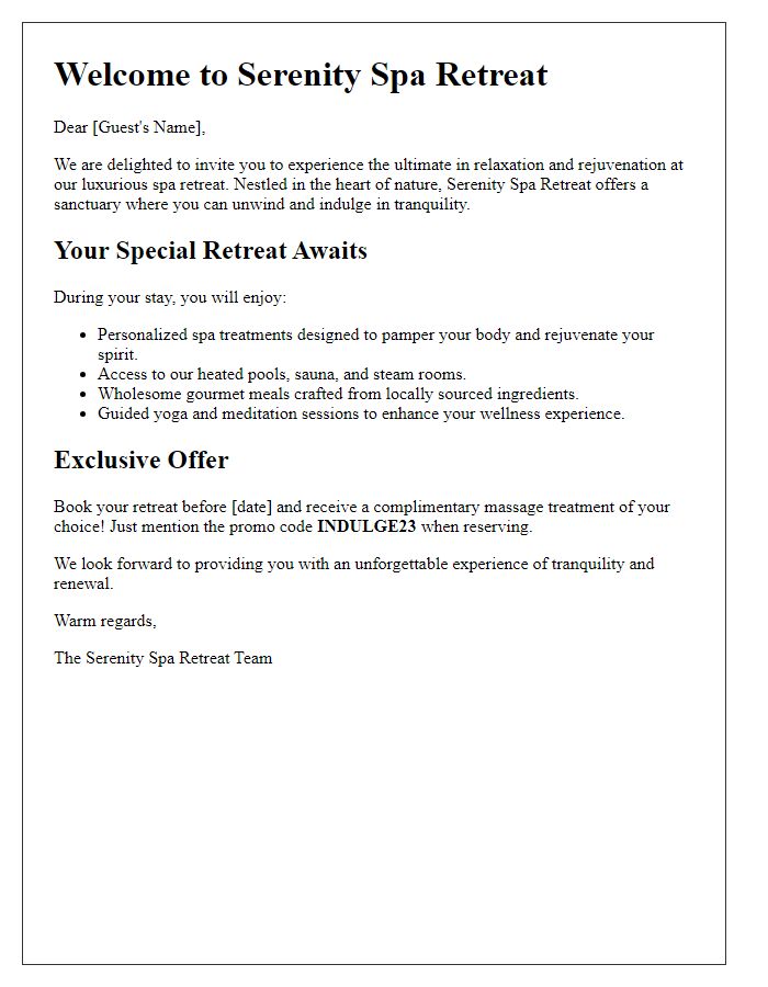 Letter template of indulgent spa retreats