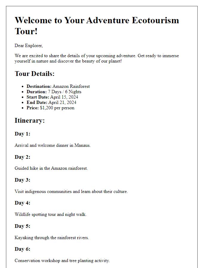 Letter template of adventure ecotourism tour details for explorers.