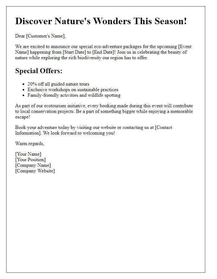 Letter template of seasonal ecotourism promotions for special events.