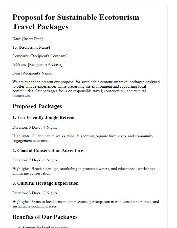 Letter template of sustainable ecotourism travel packages proposal.