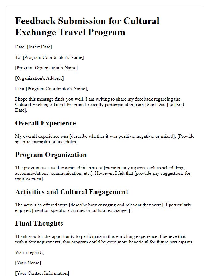 Letter template of cultural exchange travel program feedback submission