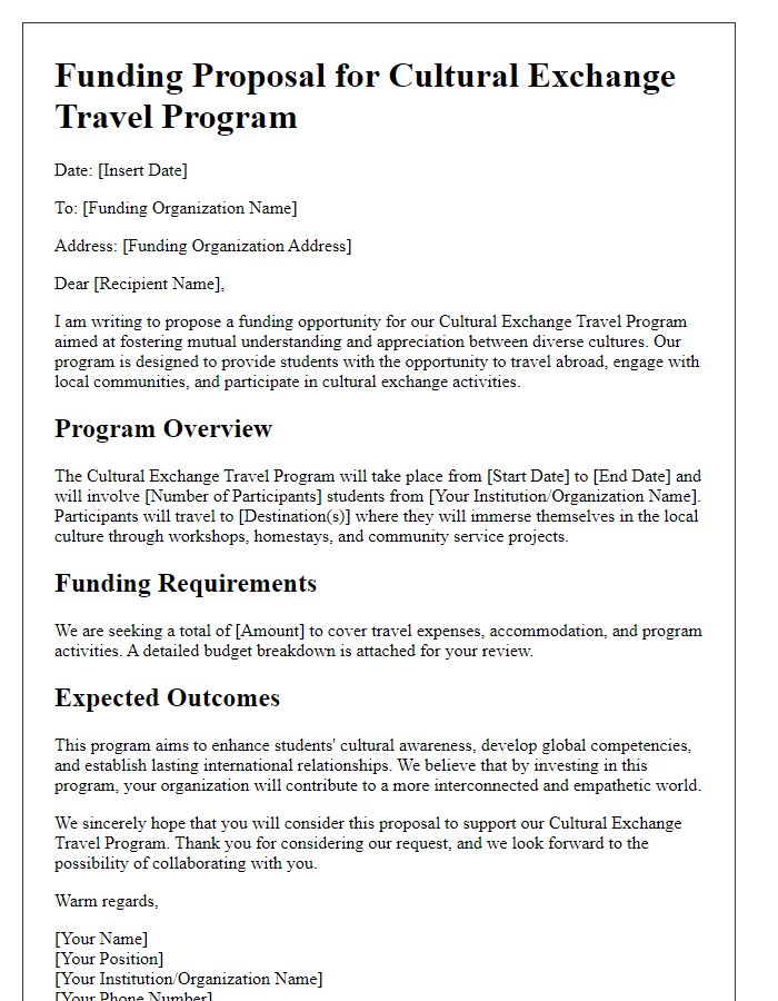 Letter template of cultural exchange travel program funding proposal