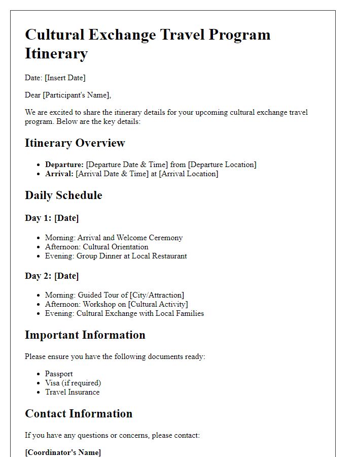 Letter template of cultural exchange travel program itinerary details