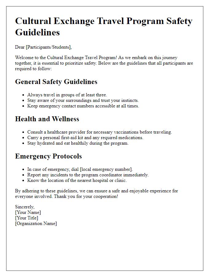 Letter template of cultural exchange travel program safety guidelines