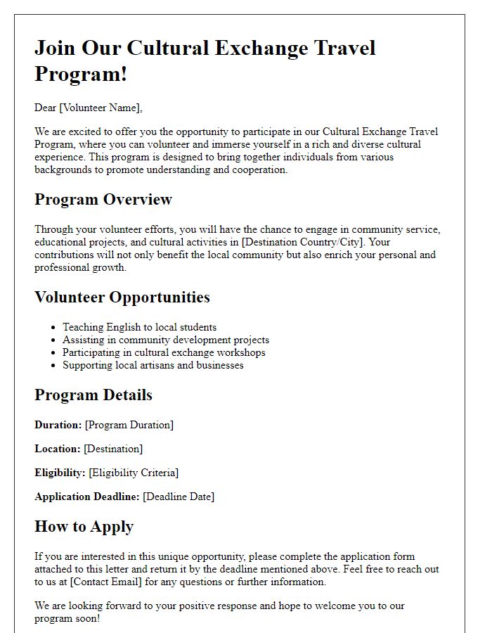 Letter template of cultural exchange travel program volunteer opportunities