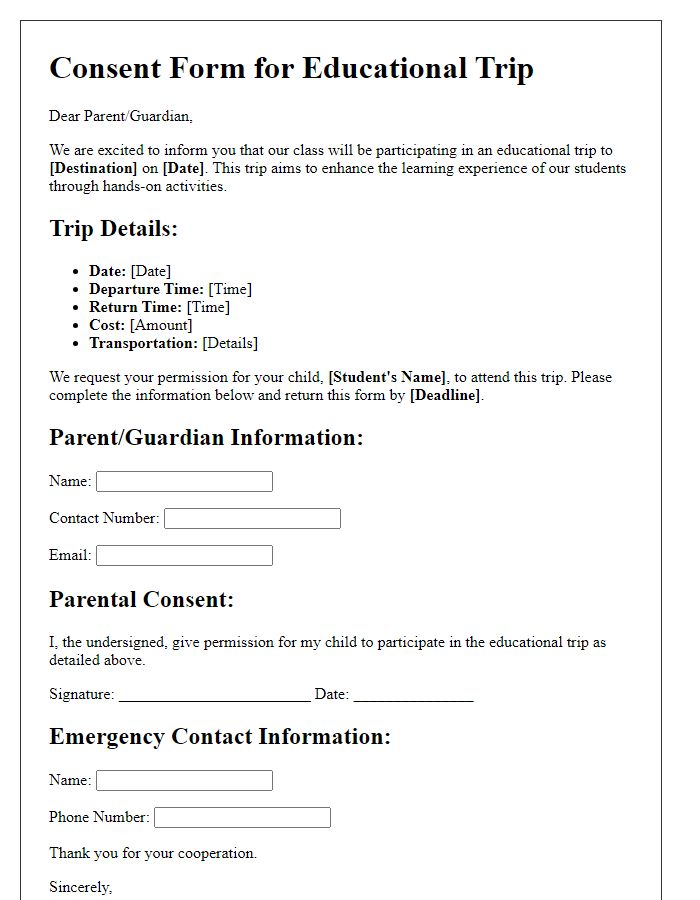 Letter template of consent form for students participating in educational trips