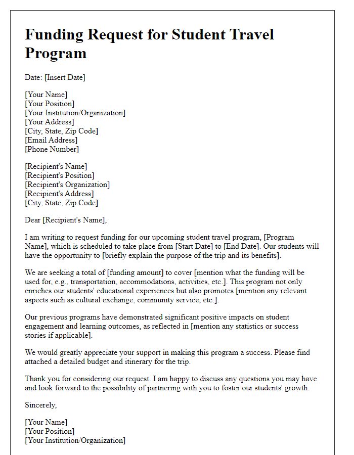 Letter template of funding request for student travel programs