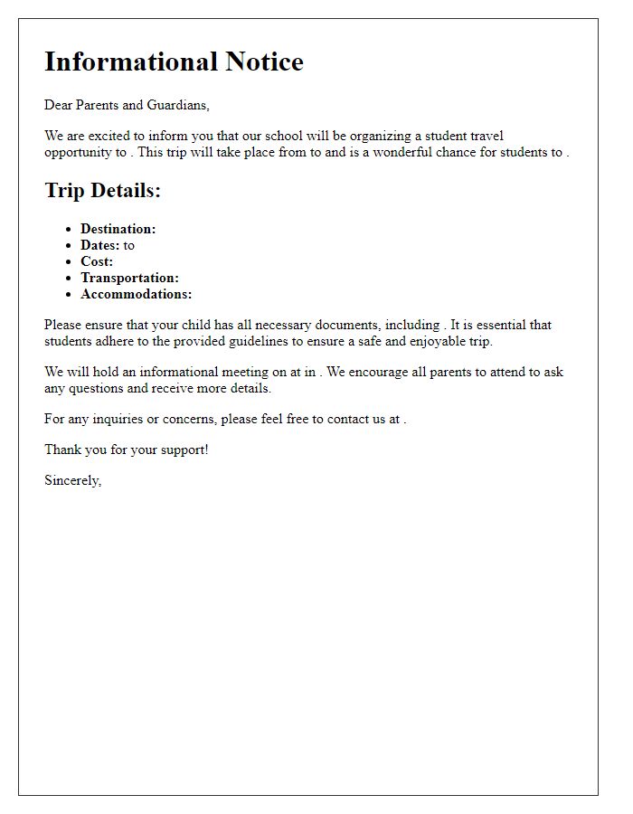 Letter template of informational notice for parents about student travel