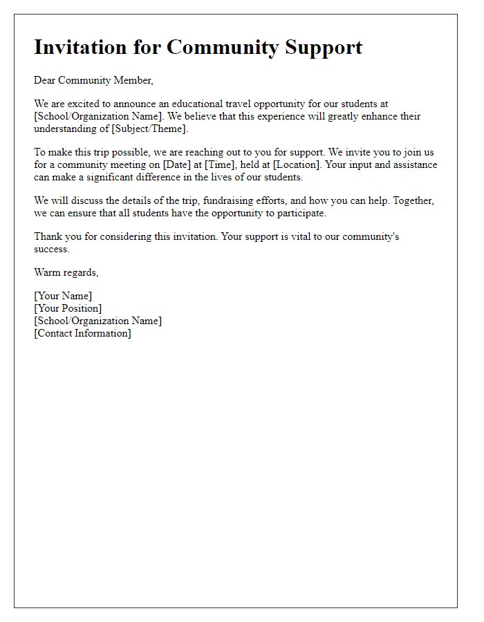 Letter template of invitation for community support for educational travel