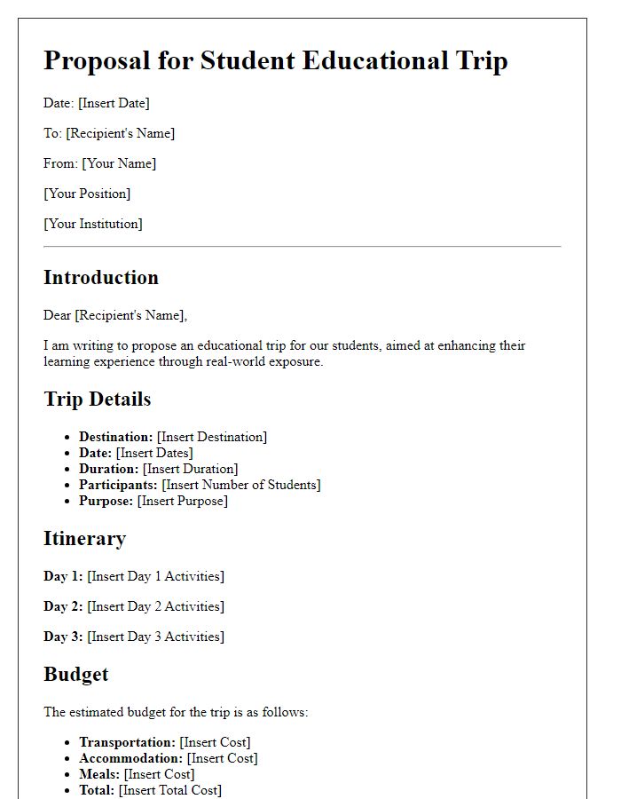 Letter template of proposal for student educational trip itinerary