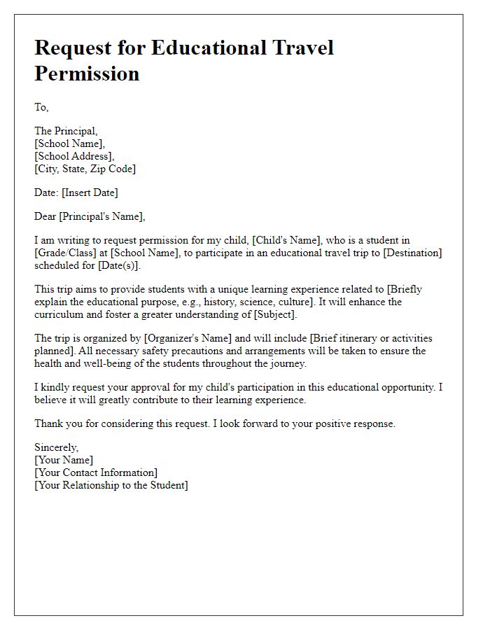 Letter template of request for educational travel permission for students