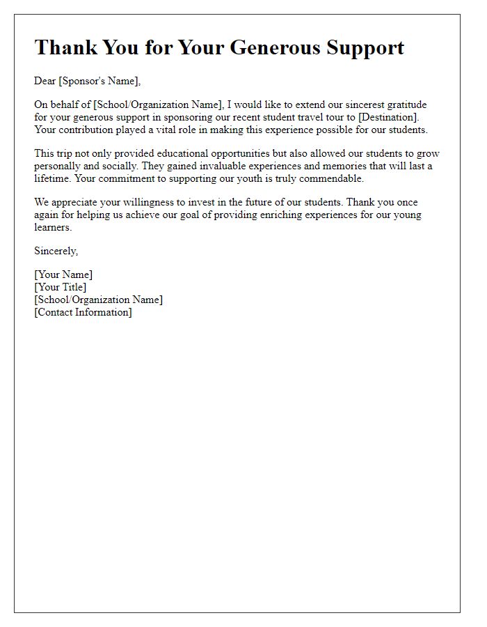 Letter template of thank you letter to sponsors of student travel tours