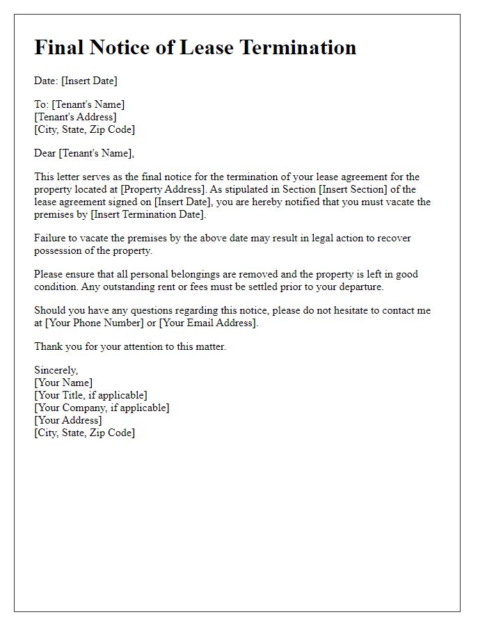 Letter template of final notice for lease termination