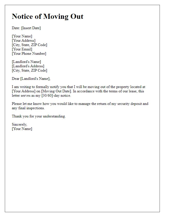 Letter template of notice to landlord of moving out