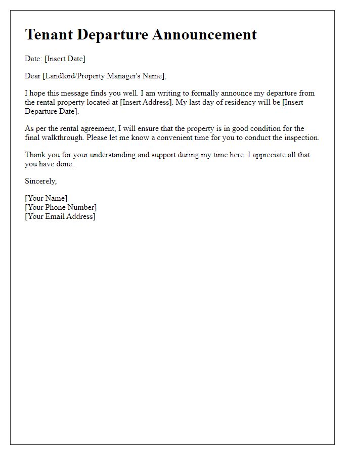 Letter template of tenant departure announcement