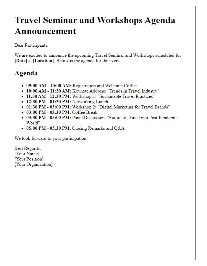 Letter template of agenda announcement for travel seminar and workshops