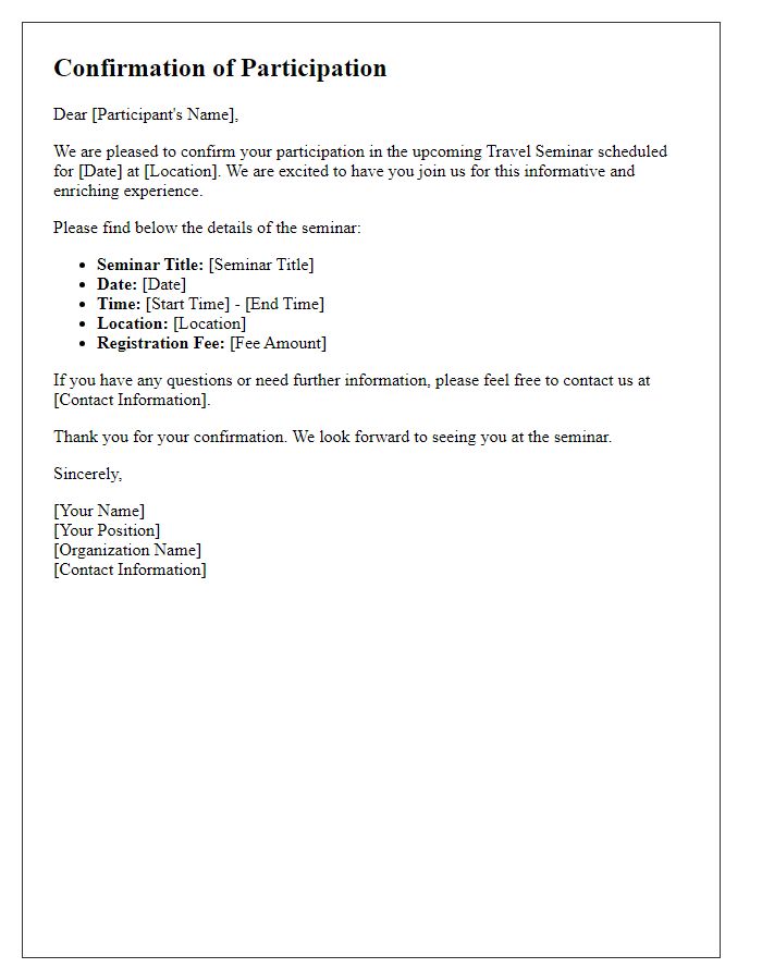 Letter template of confirmation for travel seminar participation