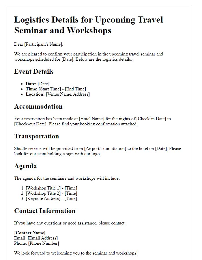 Letter template of logistics details for travel seminar and workshops