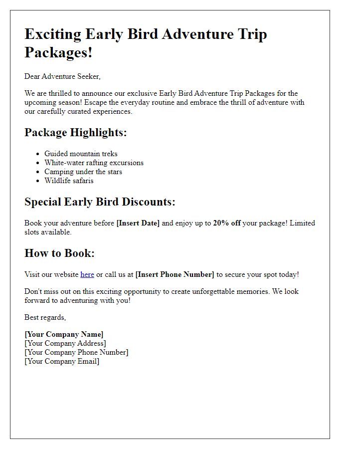 Letter template of early bird adventure trip packages