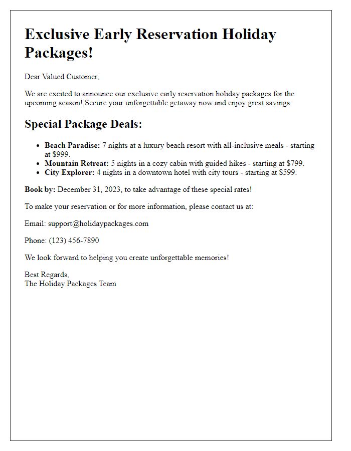 Letter template of early reservation holiday packages