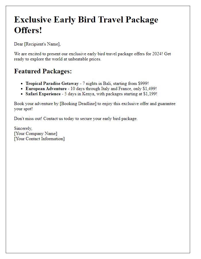 Letter template of exclusive early bird travel package offers