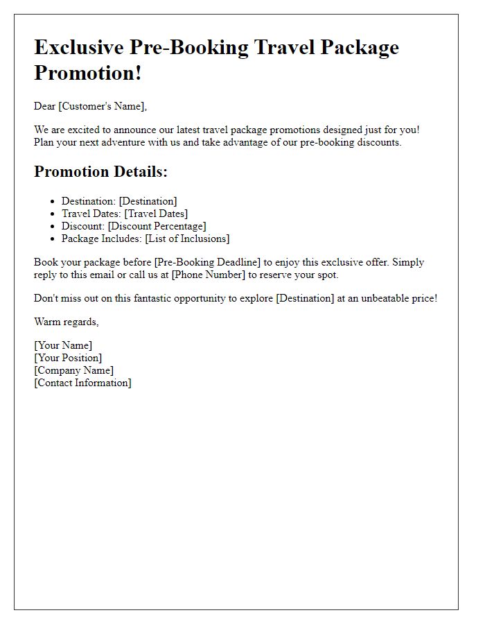 Letter template of pre-booking travel package promotions