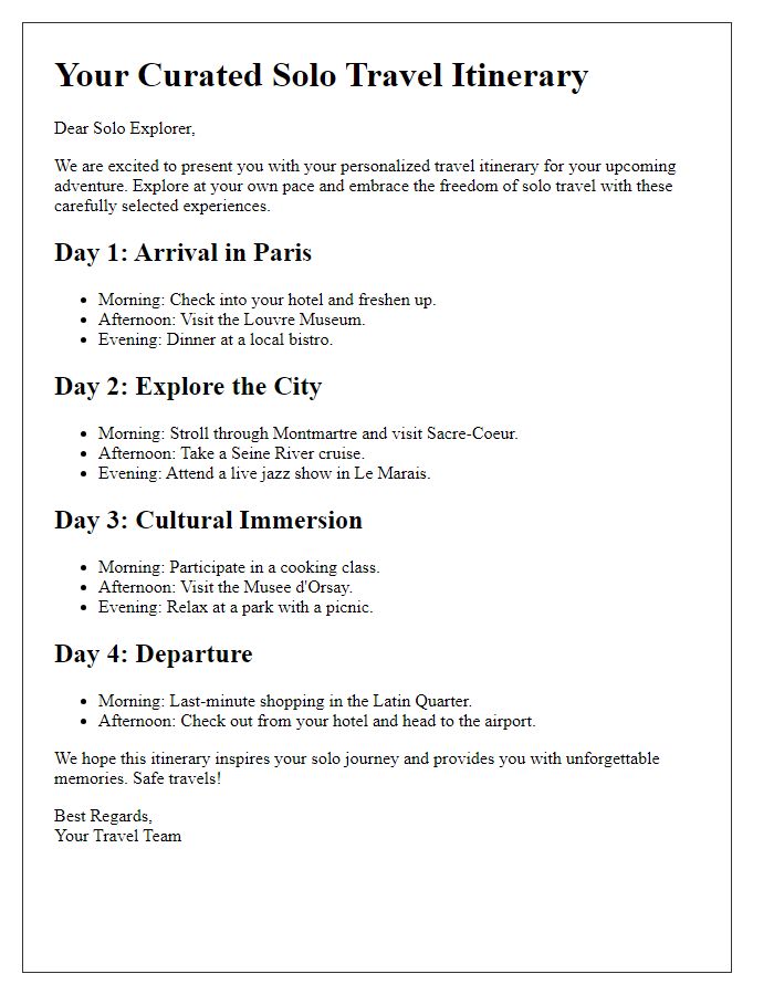 Letter template of curated solo travel itineraries for solo explorers.