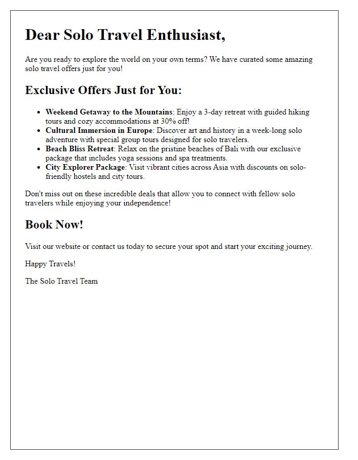 Letter template of exciting solo travel offers for solo vacation enthusiasts.