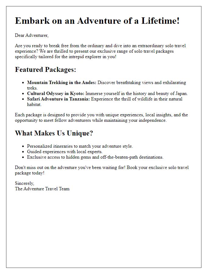 Letter template of exclusive solo travel packages tailored for adventurers.