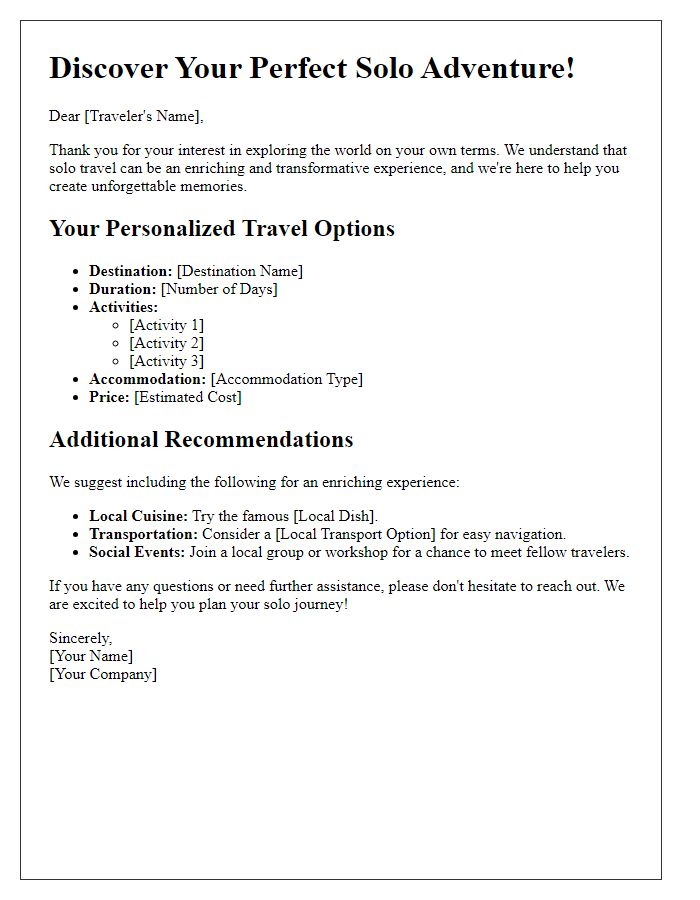 Letter template of personalized solo travel options for individual journey seekers.