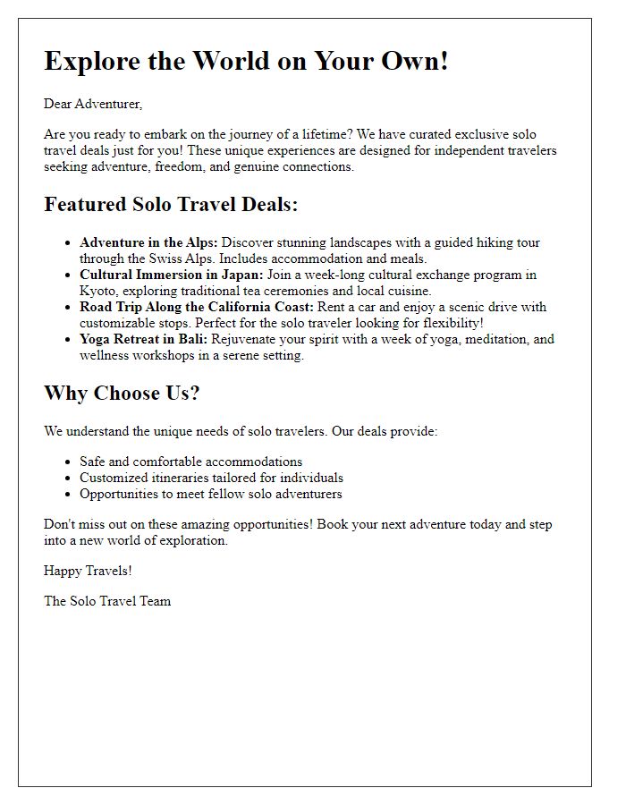 Letter template of unique solo travel deals designed for independent travelers.