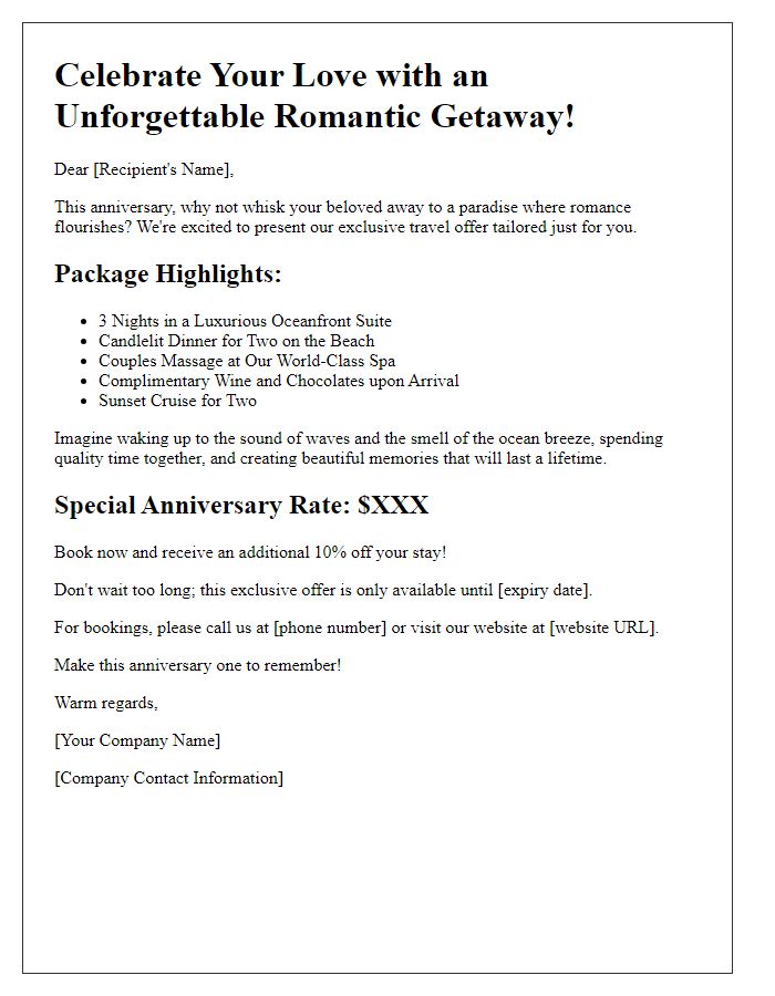 Letter template of romantic getaway travel offers for anniversary celebrations.