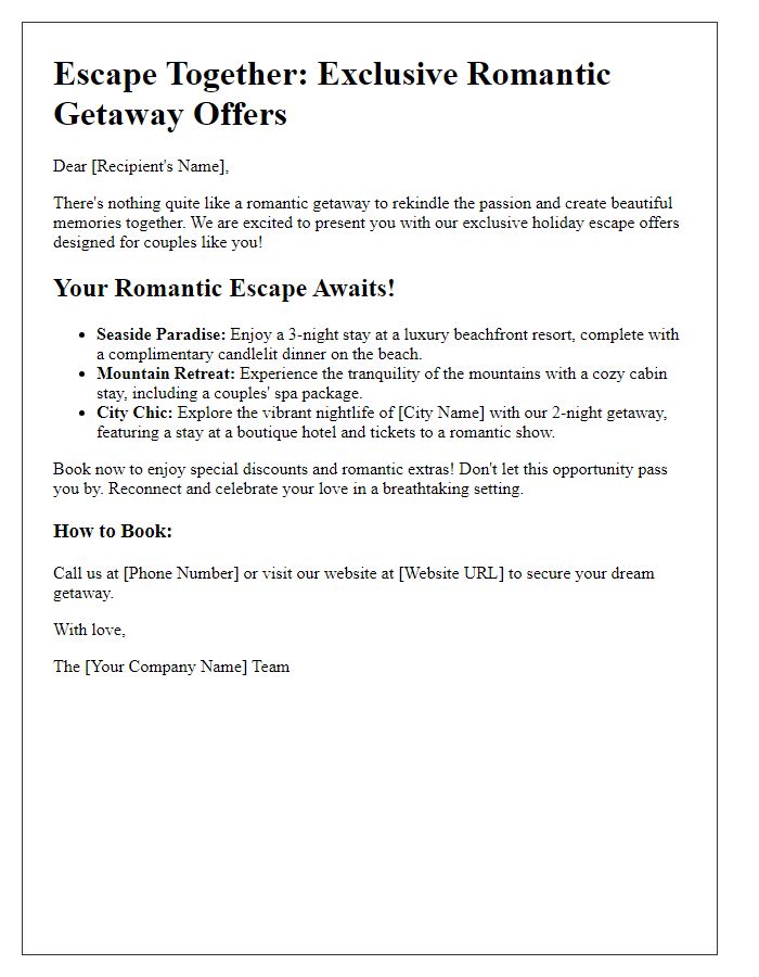 Letter template of romantic getaway travel offers for holiday escapes.