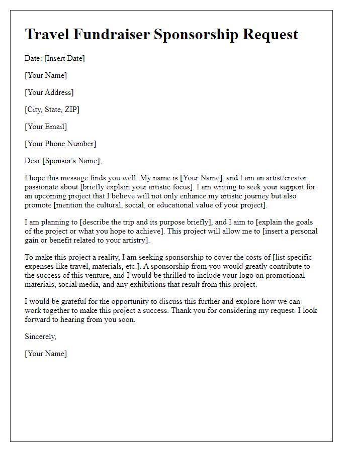 Letter template of travel fundraiser sponsorship request for artistic and creative projects.