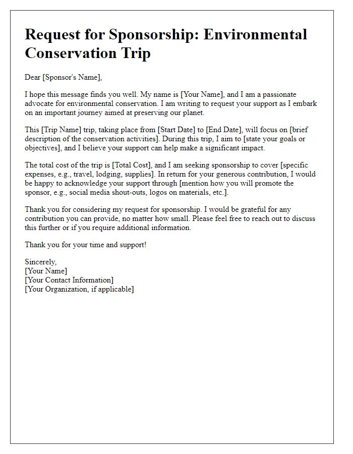 Letter template of travel fundraiser sponsorship request for environmental conservation trip.