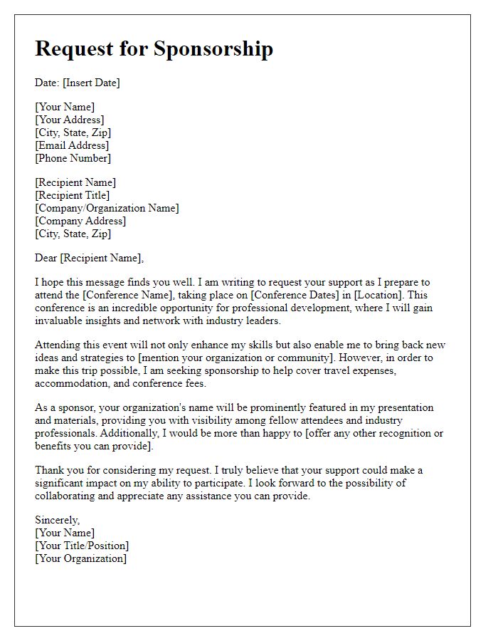 Letter template of travel fundraiser sponsorship request for professional development conference.