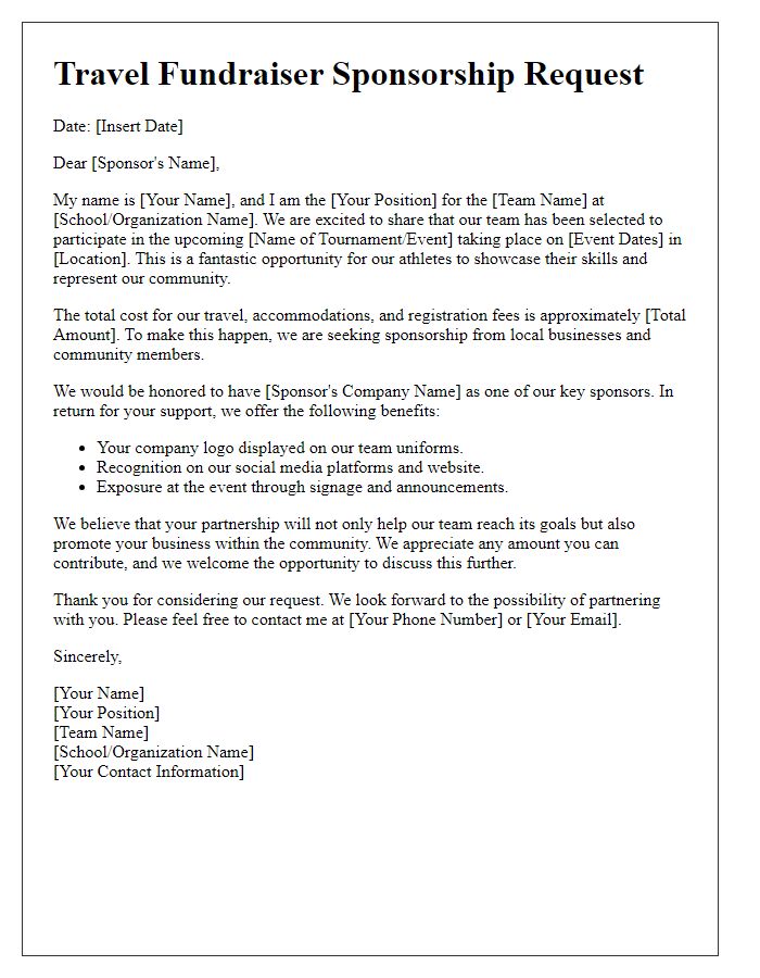 Letter template of travel fundraiser sponsorship request for sports team participation.