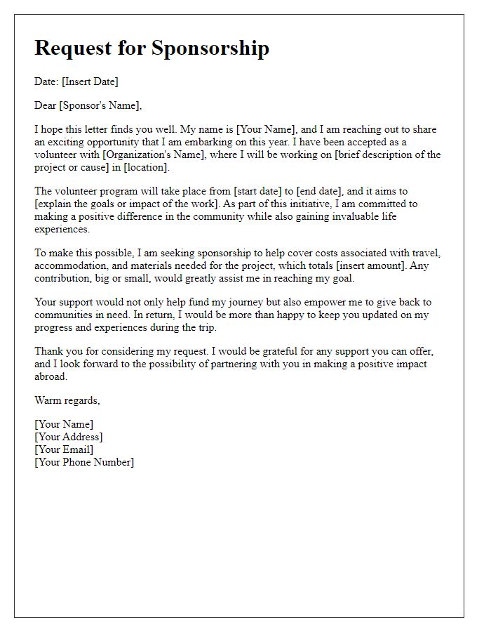 Letter template of travel fundraiser sponsorship request for volunteer work abroad.