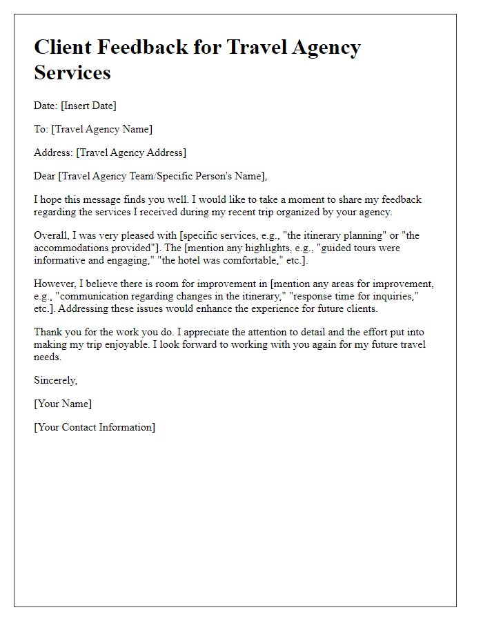 Letter template of client feedback for travel agency services