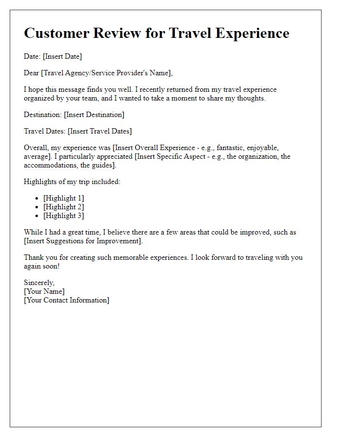 Letter template of customer review for travel experiences