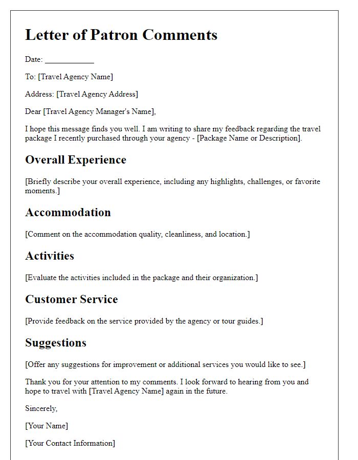 Letter template of patron comments for travel packages