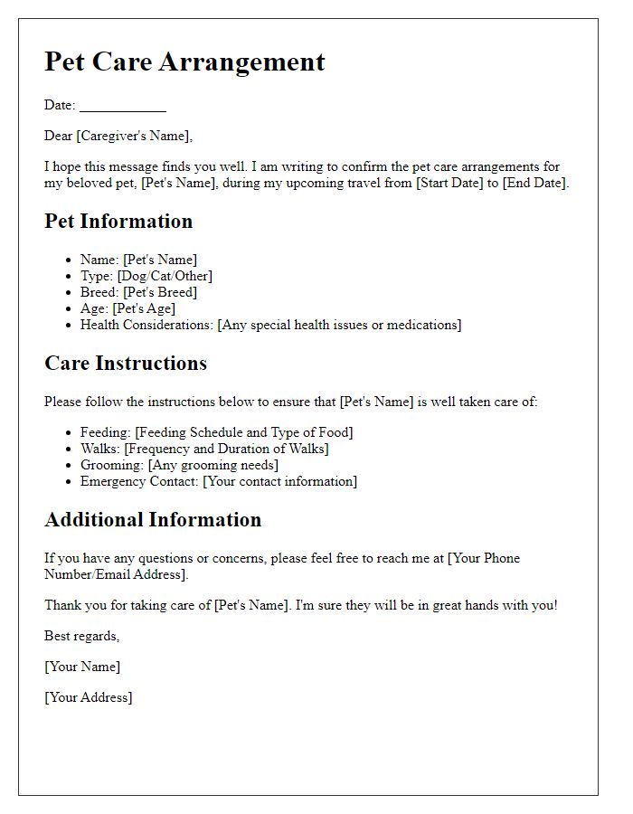 Letter template of pet care arrangements during travel.