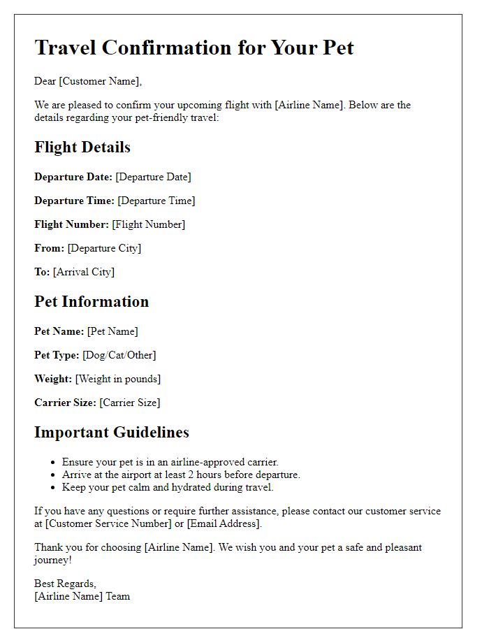 Letter template of pet-friendly travel confirmation for flights.