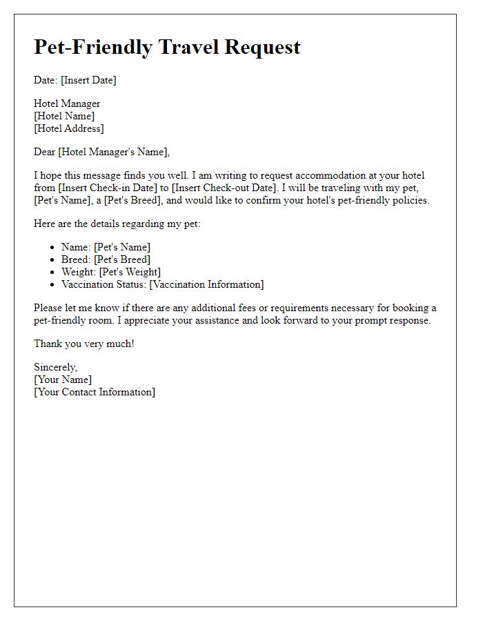 Letter template of pet-friendly travel request for hotel stay.