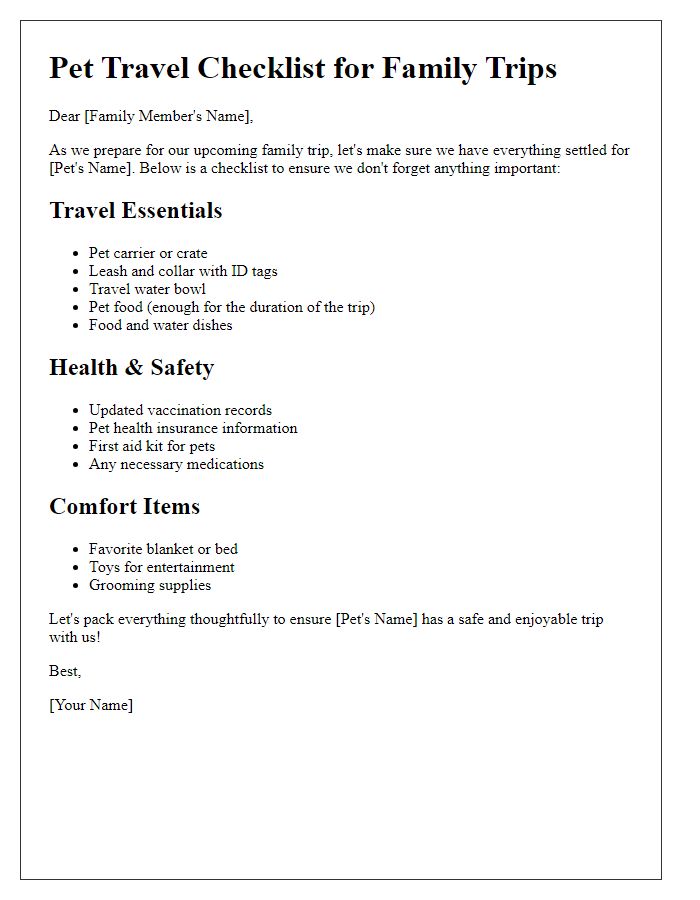 Letter template of pet travel checklist for family trips.