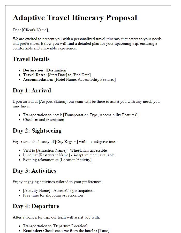 Letter template of adaptive travel itinerary offerings