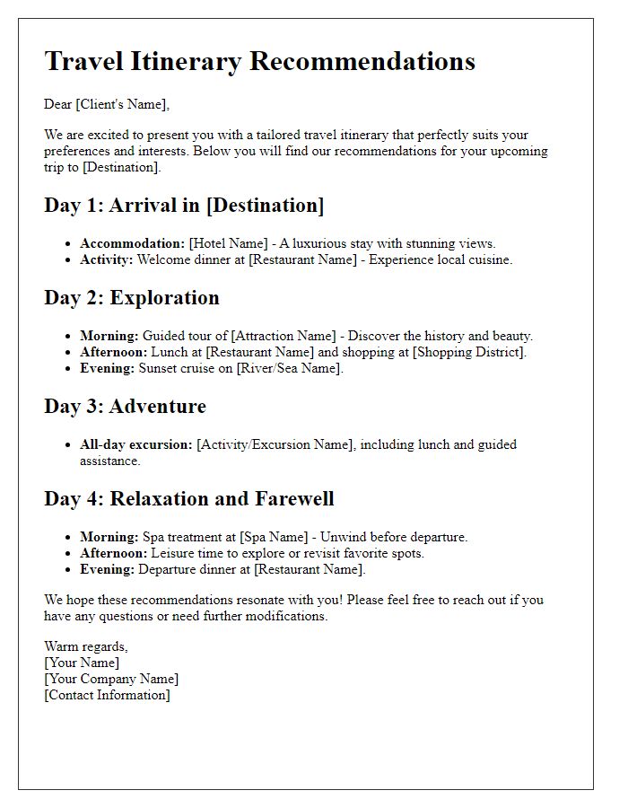 Letter template of bespoke travel itinerary recommendations