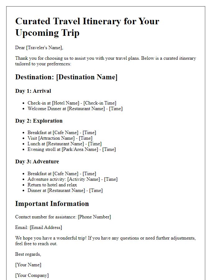 Letter template of curated travel itinerary choices