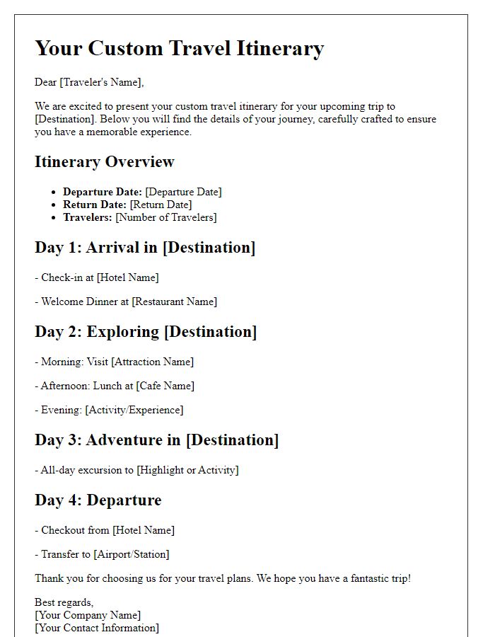 Letter template of custom travel itinerary designs